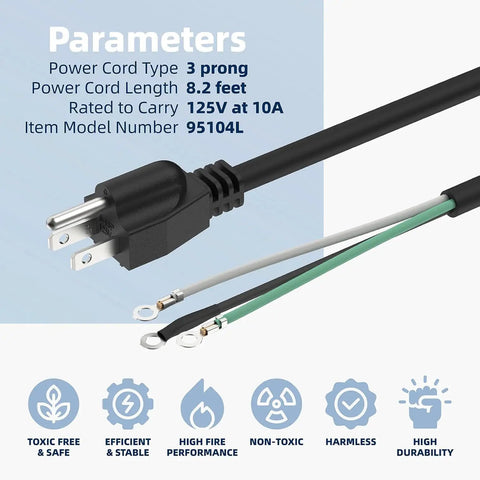 Heavy Duty Rock Solid Replacement Power Cord For Skil SPT77W SPT78W SPT55 Worm Drive Circular Saw showing 3 prong plug and wire details.