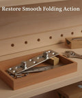 Heavy Duty Galvanized Steel Bed Hinge for Murphy and Folding Beds on wooden shelf with tools