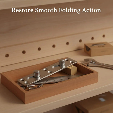 Heavy Duty Galvanized Steel Bed Hinge for Murphy and Folding Beds on wooden shelf with tools
