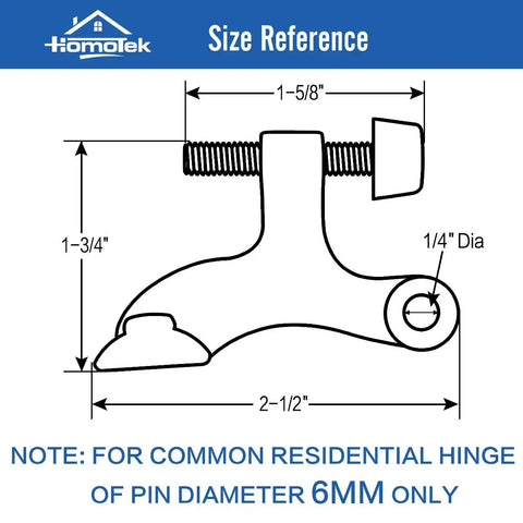 Solid Six Pack Brass Hinge Pin Door Stops With Soft Rubber Bumpers size reference diagram showing measurements and compatibility.