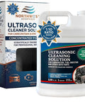 Top Notch Ultrasonic Cleaner Fluid For Carburetors And Engine Parts That Cuts Right Through Grease Varnish And Road Grime Fast For Garage Crews And Bikers, 1-gallon container with label.
