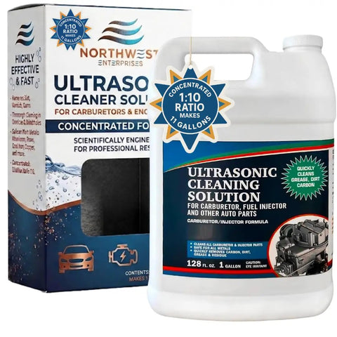 Top Notch Ultrasonic Cleaner Fluid For Carburetors And Engine Parts That Cuts Right Through Grease Varnish And Road Grime Fast For Garage Crews And Bikers, 1-gallon container with label.