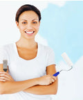 Smiling woman holding a paint roller and brush, promoting Heavy Duty Paint Roller Covers With Frame For Crisp Wall And Edge Painting Smooth Operator Handle Grip Easy Control Tool For Diy Projects Top Shelf Brush Set Stress Free Finish.