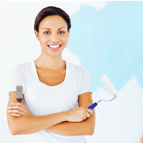 Smiling woman holding a paint roller and brush, promoting Heavy Duty Paint Roller Covers With Frame For Crisp Wall And Edge Painting Smooth Operator Handle Grip Easy Control Tool For Diy Projects Top Shelf Brush Set Stress Free Finish.