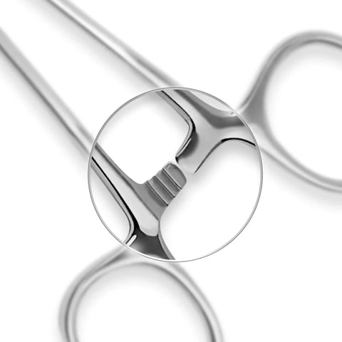 Close-up of Two Pack 5 Inch Stainless Steel Fishing Forceps Set With Curved And Straight Hemostats, serrated jaws visible.