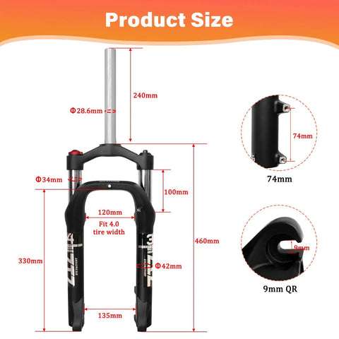 Beefy Fat Tire Front Fork With 100mm Travel, 135mm Hub Spacing, 9mm QR, Crown Lockout, 4.0 Inch Wide Fat Tires, Built For Snow Beach And XC Trails, 20 Inch Fat Bike Front Suspension Ready, detailed dimensions illustration.