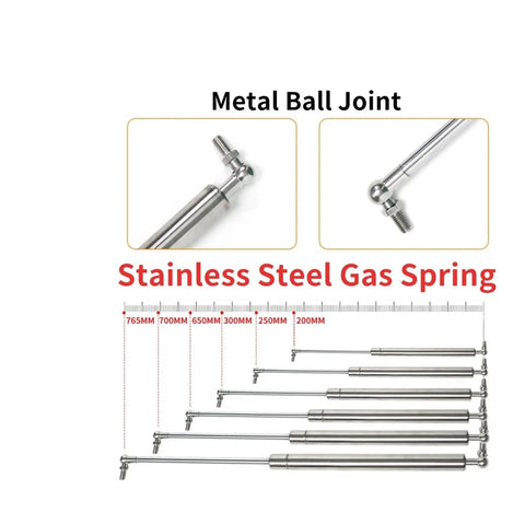 Heavy Duty 316 Stainless Steel Ball Joint Gas Strut Hydraulic Lift Support Bar with sizes displayed for universal fit.