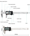 Waterproof Stainless Steel Digital Caliper 6 Inch 150mm With Large LCD Screen showing measurements, detail labels and features