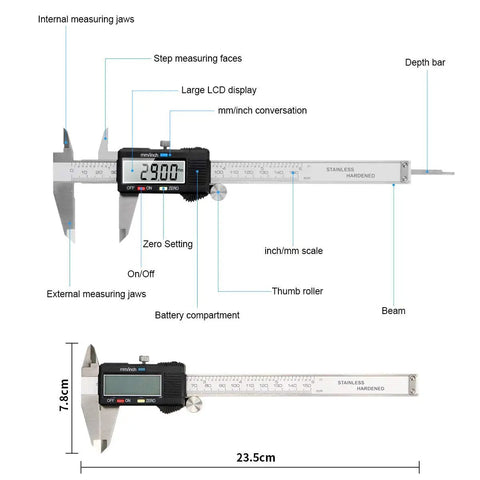 Waterproof Stainless Steel Digital Caliper 6 Inch 150mm With Large LCD Screen showing measurements, detail labels and features