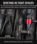 Electric Rivet Gun Adapter Kit for Drills in tight spaces showing comparison of manual tool and adapter in use