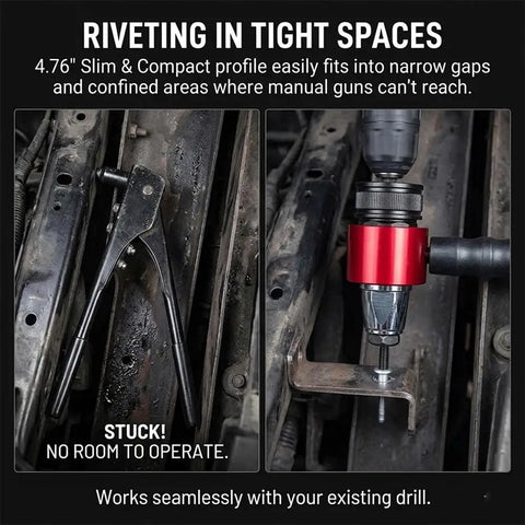 Electric Rivet Gun Adapter Kit for Drills in tight spaces showing comparison of manual tool and adapter in use