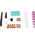 Ultimate 40 Piece TIG Welding Consumables Kit For Wp9 25 includes ceramic nozzles, clips, o rings, and glass cups.