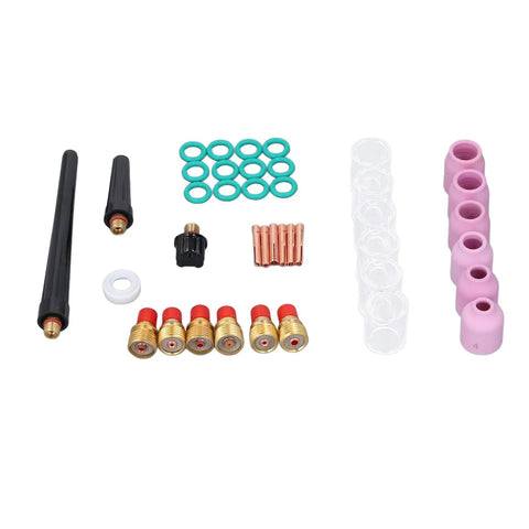 Ultimate 40 Piece TIG Welding Consumables Kit For Wp9 25 includes ceramic nozzles, clips, o rings, and glass cups.