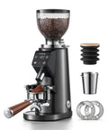 Game Changing 64 Mm Flat Burr Electric Coffee Grinder With 100 Adjustable Settings Precision Timer Anti Static Housing For Espresso French Press Smooth Stainless Steel Gunmetal Gray Finish with coffee beans and accessories.