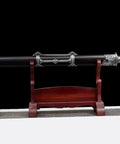 Ring Pommel Song Dao Hand Forged High Manganese Steel Blade With Rosewood Scabbard And Exclusive Alloy Fittings on stand