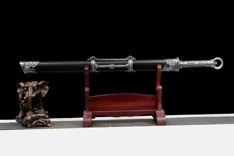 Ring Pommel Song Dao Hand Forged High Manganese Steel Blade With Rosewood Scabbard And Exclusive Alloy Fittings on stand