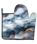 Super Cool Gary Fluid Oven Mitt And Pot Holder Set For Kitchen Heat Resistant Up To 356 Degrees F To Protect Hands While Cooking Delicious Meals, blue and gold abstract design.