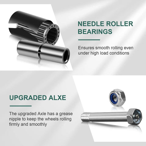 Needle roller bearings and axle parts for Beefy 4 Inch Polyurethane On Cast Iron Wheel Caster Set With Half Inch Bore.