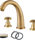 8 Inch Widespread Bathroom Sink Faucet Set With 3 Hole 2 Cross Handles Deck Mount Antique Brass Finish Includes Pop Up Drain and Lines
