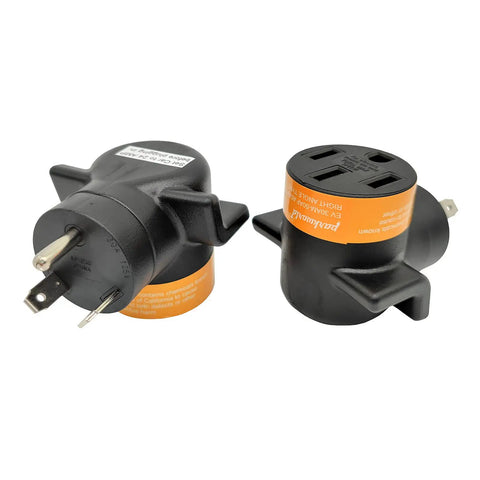 Slick Nema Tt-30p To 14-50r Ev Charging Adapter showing side view with prongs and RV outlet for Tesla and electric vehicles.