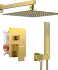 Dope Brushed Gold 10 Inch Shower System With Rain Square Head And Handheld Shower Set Includes Rough In Valve And Trim Wall Mounted