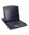 Top Shelf 19 Inch Rack Mount Kvm Console With 17 Inch Tft Display and a keyboard opened, offering easy access for server control.