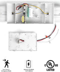 Commercial Emergency Light Fixture With UL Certification, internal wiring view, gray LED square heads, backup battery compartment.