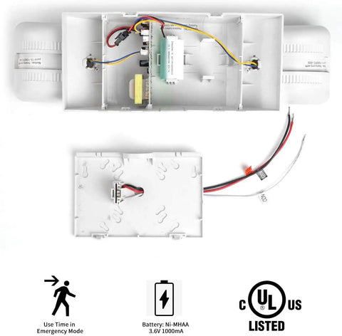 Commercial Emergency Light Fixture With UL Certification, internal wiring view, gray LED square heads, backup battery compartment.