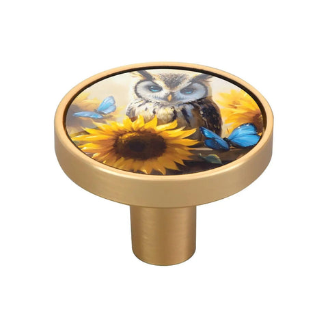 4 Pack Owl And Sunflower Cabinet Knobs Set For Dresser Drawer And Cupboard, Zinc Alloy Pulls With Scratch Resistant Acrylic Back Print, Gold