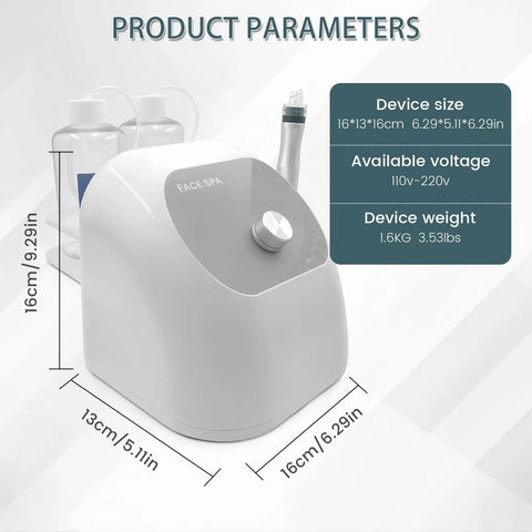 Compact At Home Pro Grade Hydro Facial System with Hydrogen Oxygen Therapy and size details.