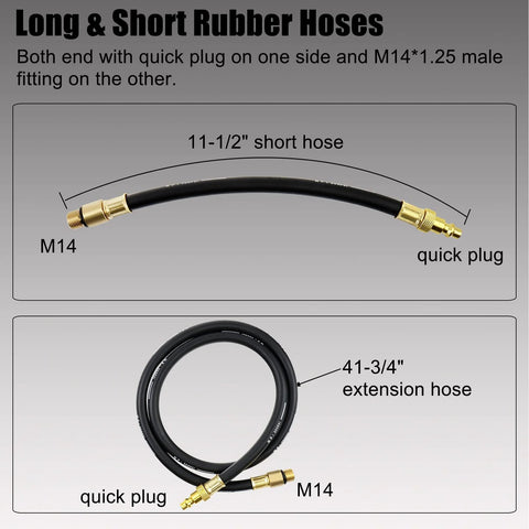 Automotive leak-down tester hoses: 11-1/2in short hose with M14 quick-plug; 41-3/4in extension hose with M14 quick-plug.