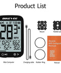 GPS Bike Computer With Auto Backlight For Road And Mountain Riding Wireless Cycling Computer That Works As Speedometer And Odometer Waterproof Tracker Tracks Speed Distance Time Temp Altitude Gradient And More With 28 Hour Battery showing device, charging cable, mounts, and manual.