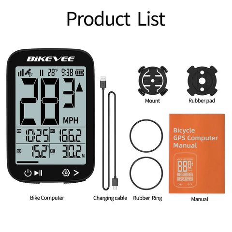 GPS Bike Computer With Auto Backlight For Road And Mountain Riding Wireless Cycling Computer That Works As Speedometer And Odometer Waterproof Tracker Tracks Speed Distance Time Temp Altitude Gradient And More With 28 Hour Battery showing device, charging cable, mounts, and manual.