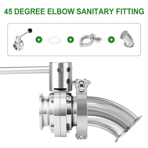 Two-piece 304 stainless steel 2-inch sanitary 45-degree elbow with tri-clamp ferrule and gasket set
