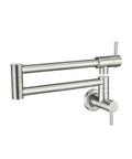 Built Tough Pot Filler Faucet For Modern Kitchens Featuring Brushed Nickel Finish, 24 Inch swivel reach, wall mounted design.