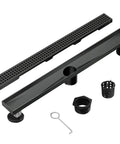 36 Inch Black Linear Shower Drain With Removable Grate Cover Brushed 304 Stainless Steel Shower Floor Drain Hair Strainer And Adjustable Feet No Rust Built To Last Fast Drainage laying flat with components