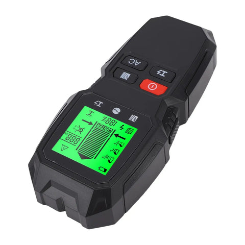 YDuupxe Wall Scanner 5 in 1 Wood Metal Wire Detection Tool with digital display showing detection modes and battery status.