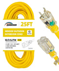Weatherproof Indoor Outdoor Extension Cord With Lighted End UL Listed 10 Gauge 25 Foot Yellow 3 Prong Heavy Duty Power Cord