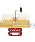 Dead Nuts Accurate Router Lifting Base With Heavy Duty Top Plate For Precision Slotting Trimming And Chamfering, red and gold metal construction.