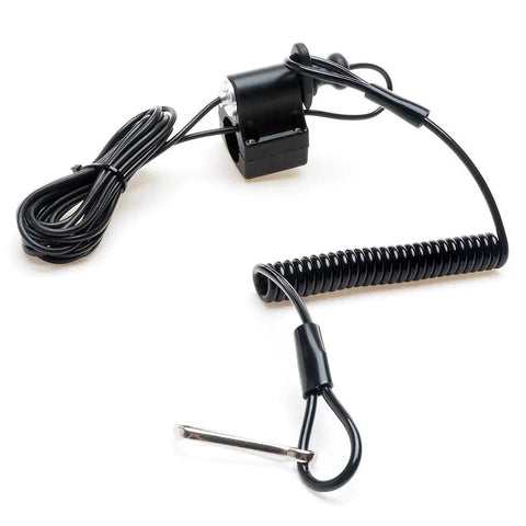 Seven Eighths Inch Handlebar Tether Kill Switch With Lanyard For ATV And Dirt Bike, coiled wire and handlebar mount shown
