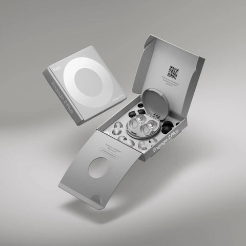 Engage 2 Plus Ear Plugs for Everyday Noise Relief with 16 dB SNR and Extra 9 dB Mute in open packaging, clear tips visible.