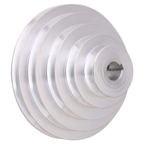 Aluminum 19mm Bore A-Type V-Shaped Pagoda Pulley, 5 Slot 5-Step for V-Belt Systems, view showing multiple slots and bore