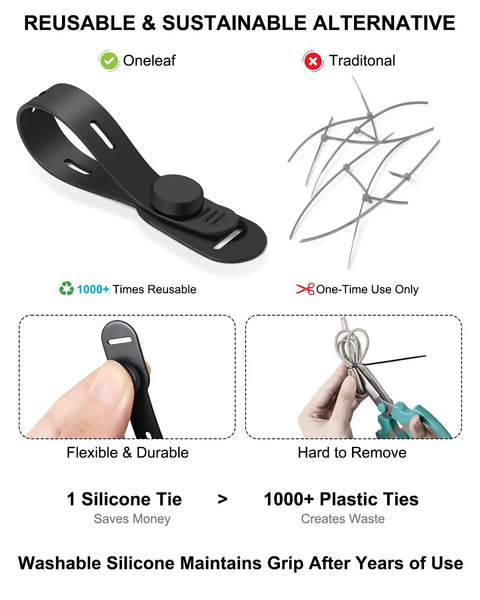 Reusable Silicone Cable Ties For Easy Cable Organization vs traditional plastic ties featuring black soft cord bundler.