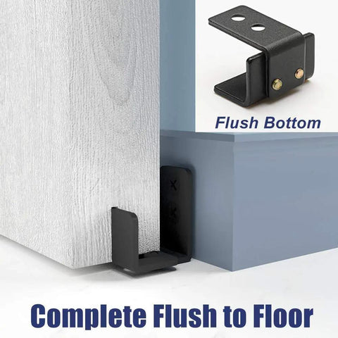 Low Profile Sliding Barn Door Guide With Adjustable Wall Mount Bracket flush to floor on cabinet, matte black finish, 2 pcs