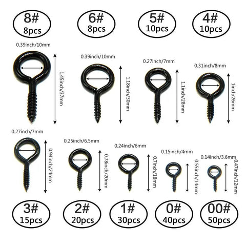 Image of 191 Piece Zinc Plated Screw Eyes Kit With 9 Sizes 0 To 8 Black Metal Eye Hooks, sizes and dimensions labeled, for DIY projects.