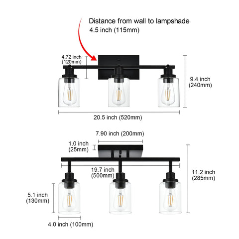 Diagram showing dimensions of Three Light Black Vanity Light Bar With Rotating Track Heads And Clear Glass Shade 20.5 Inch Ceiling Fixture