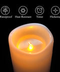 Close-up of 8x4 inch outdoor flameless candle showing LED flame and waterproof, heat-resistant, timer, and flickering features.