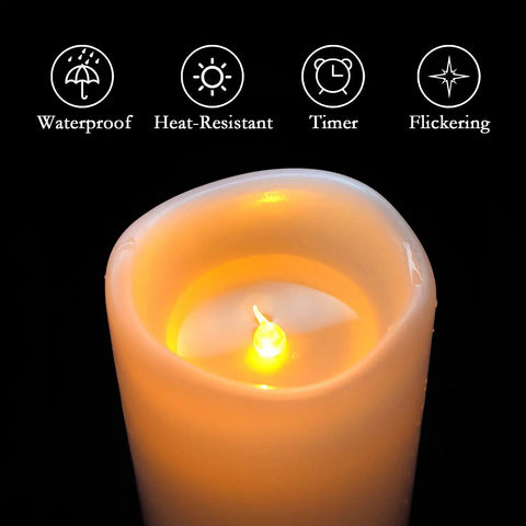 Close-up of 8x4 inch outdoor flameless candle showing LED flame and waterproof, heat-resistant, timer, and flickering features.