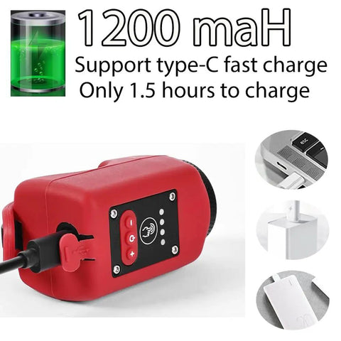 Red Two In One Bike Horn And Light with 110 Decibel Siren, USB-C charging, 1200mAh battery, type-C port visible, focus on charging features.