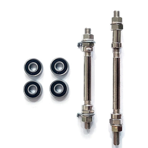 4 Piece Axles And Bearings Kit For Gas Motorized Bicycle With Mag Wheel Set 26 Inch And 29 Inch Front And Rear Axles 140mm x 10mm And 185mm x 10mm Bearings 6000 Silver Plug And Play Ready, featuring 2 silver axles and 4 black bearings